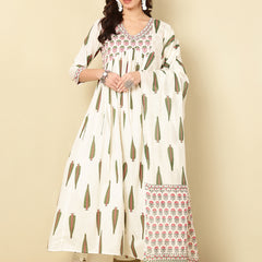 Green Pure Cotton Floral V Neck Flared Kurta, Pant & Dupatta Set For Women Mizaz Jaipur