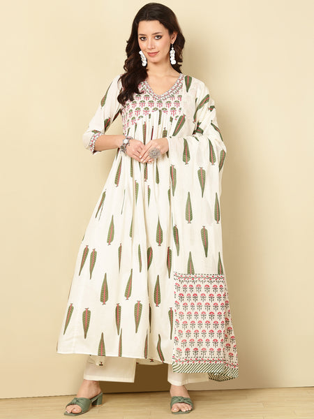 Green Pure Cotton Floral V Neck Flared Kurta, Pant & Dupatta Set For Women Mizaz Jaipur