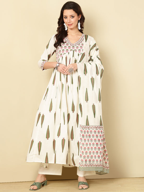 Green Pure Cotton Floral V Neck Flared Kurta, Pant & Dupatta Set For Women Mizaz Jaipur