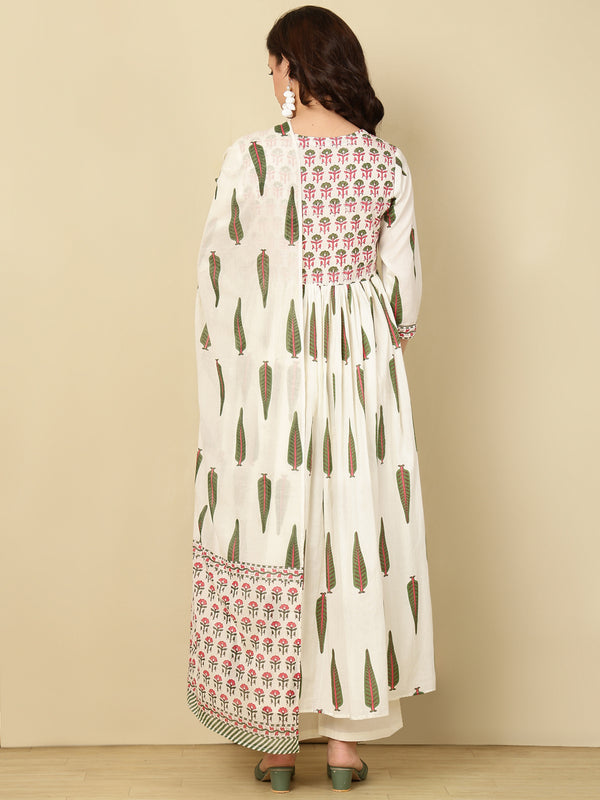Green Pure Cotton Floral V Neck Flared Kurta, Pant & Dupatta Set For Women Mizaz Jaipur