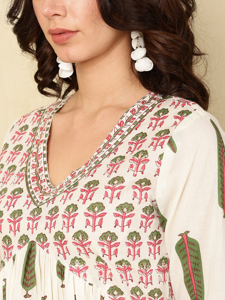 Green Pure Cotton Floral V Neck Flared Kurta, Pant & Dupatta Set For Women Mizaz Jaipur
