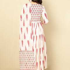 Pink Pure Cotton Floral V Neck Flared Kurta, Pant & Dupatta Set For Women Mizaz Jaipur