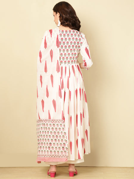 Pink Pure Cotton Floral V Neck Flared Kurta, Pant & Dupatta Set For Women Mizaz Jaipur