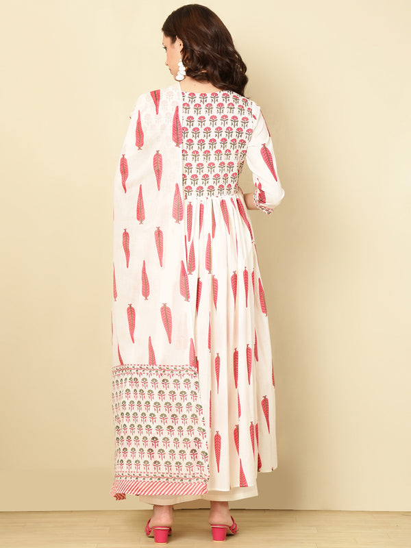 Pink Pure Cotton Floral V Neck Flared Kurta, Pant & Dupatta Set For Women Mizaz Jaipur