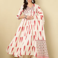 Pink Pure Cotton Floral V Neck Flared Kurta, Pant & Dupatta Set For Women Mizaz Jaipur