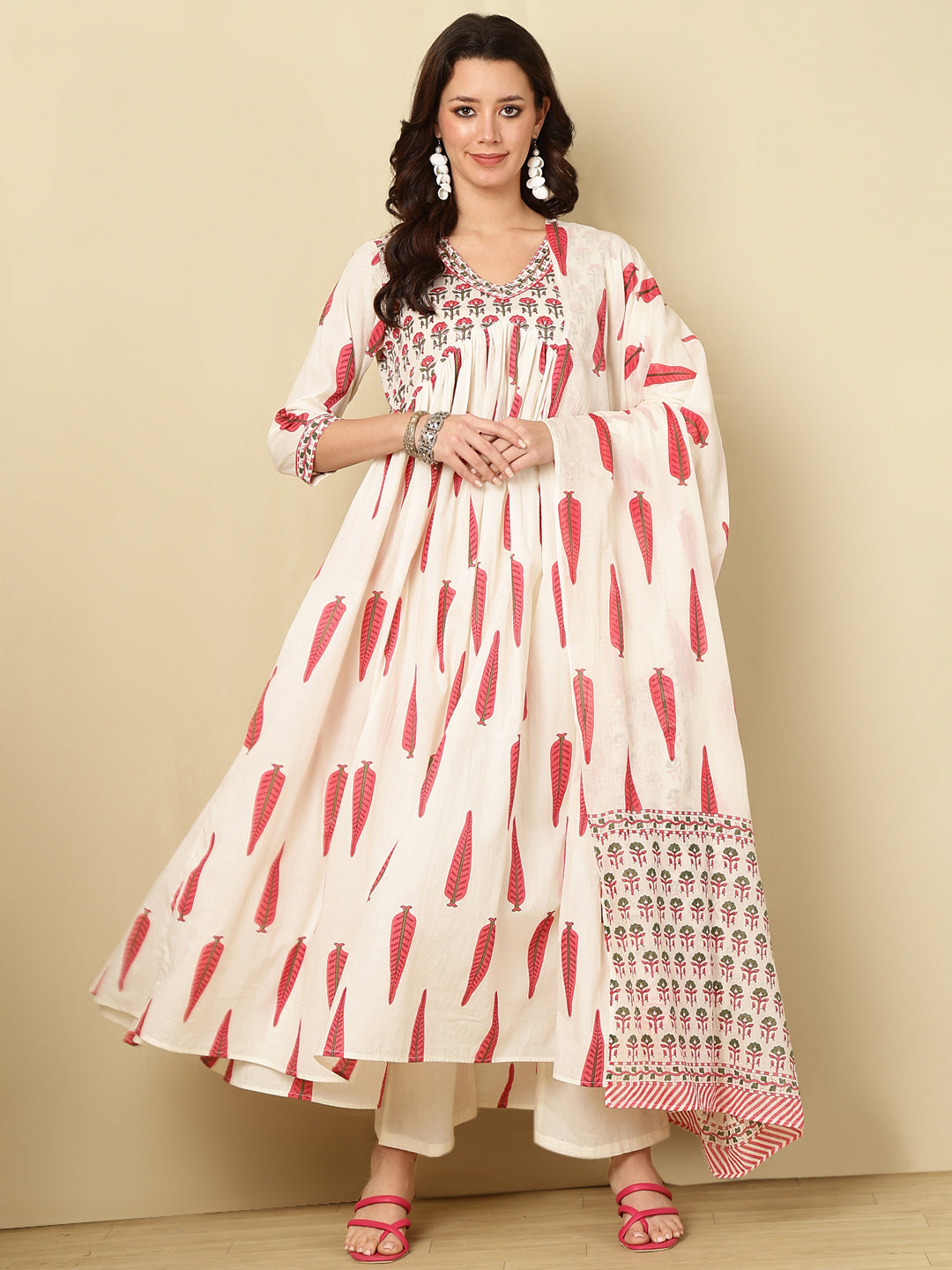 Pink Pure Cotton Floral V Neck Flared Kurta, Pant & Dupatta Set For Women Mizaz Jaipur