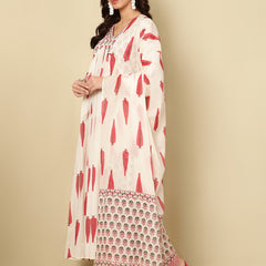 Pink Pure Cotton Floral V Neck Flared Kurta, Pant & Dupatta Set For Women Mizaz Jaipur