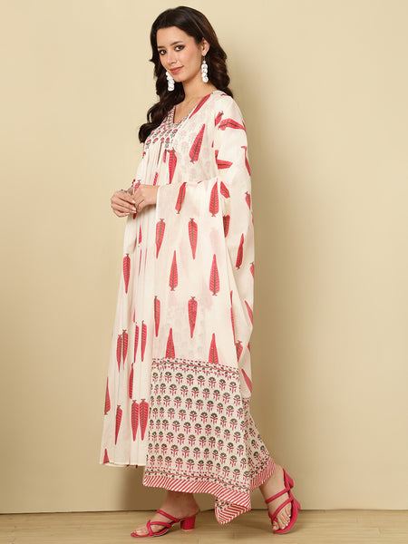 Pink Pure Cotton Floral V Neck Flared Kurta, Pant & Dupatta Set For Women Mizaz Jaipur