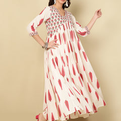 Pink Pure Cotton Floral V Neck Flared Kurta, Pant & Dupatta Set For Women Mizaz Jaipur
