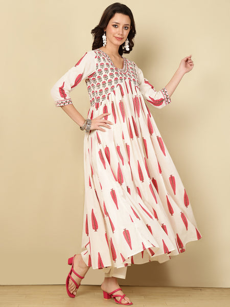 Pink Pure Cotton Floral V Neck Flared Kurta, Pant & Dupatta Set For Women Mizaz Jaipur