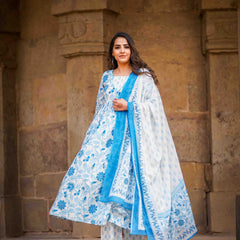 Blue Pure Cotton Floral Round Neck Flared Kurta, Pant & Dupatta Set For Women Mizaz Jaipur