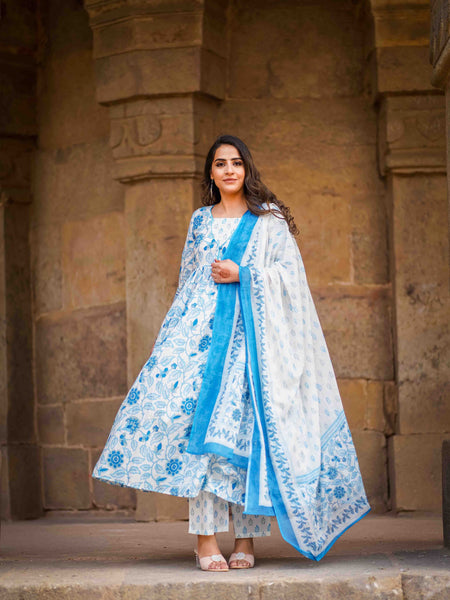 Blue Pure Cotton Floral Round Neck Flared Kurta, Pant & Dupatta Set For Women Mizaz Jaipur