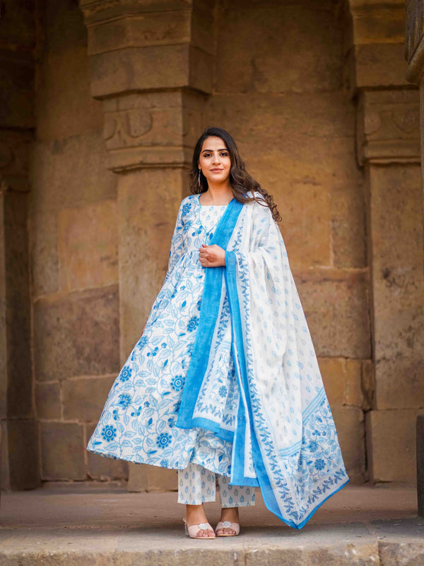 Blue Pure Cotton Floral Round Neck Flared Kurta, Pant & Dupatta Set For Women Mizaz Jaipur