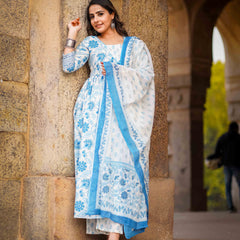 Blue Pure Cotton Floral Round Neck Flared Kurta, Pant & Dupatta Set For Women Mizaz Jaipur