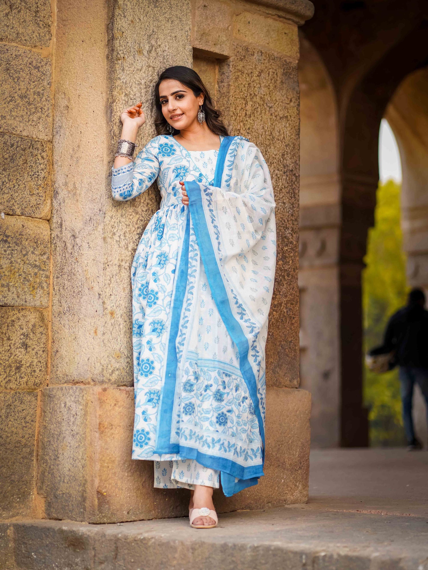 Blue Pure Cotton Floral Round Neck Flared Kurta, Pant & Dupatta Set For Women Mizaz Jaipur