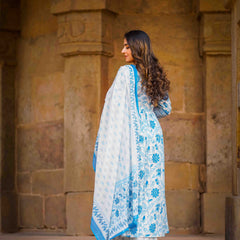 Blue Pure Cotton Floral Round Neck Flared Kurta, Pant & Dupatta Set For Women Mizaz Jaipur
