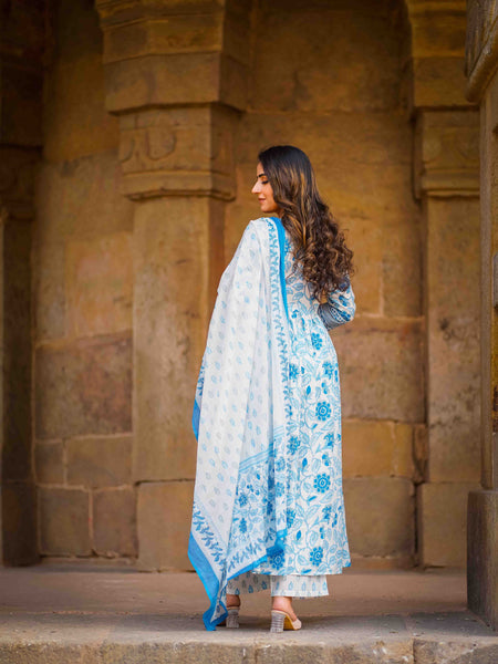 Blue Pure Cotton Floral Round Neck Flared Kurta, Pant & Dupatta Set For Women Mizaz Jaipur