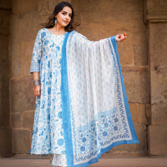 Blue Pure Cotton Floral Round Neck Flared Kurta, Pant & Dupatta Set For Women Mizaz Jaipur