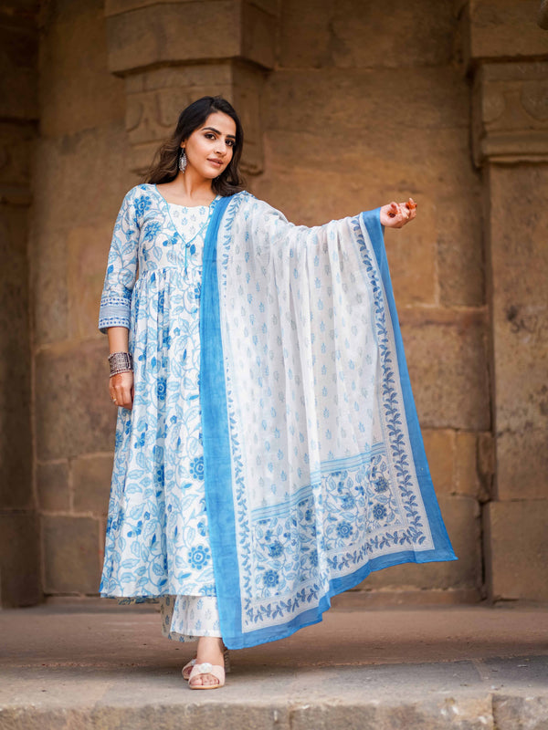Blue Pure Cotton Floral Round Neck Flared Kurta, Pant & Dupatta Set For Women Mizaz Jaipur