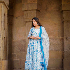 Blue Pure Cotton Floral Round Neck Flared Kurta, Pant & Dupatta Set For Women Mizaz Jaipur