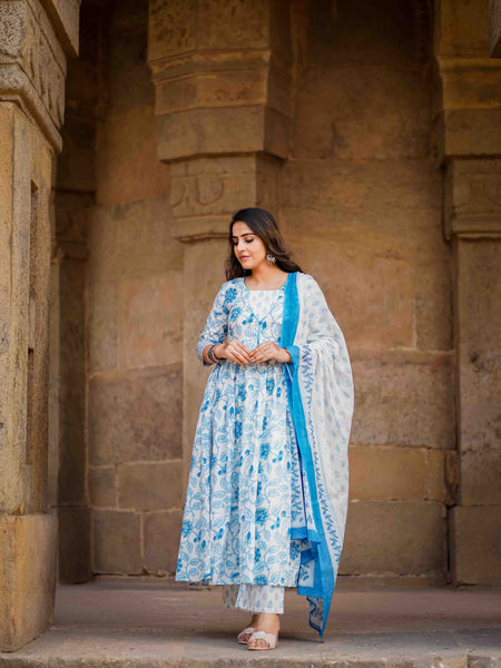 Blue Pure Cotton Floral Round Neck Flared Kurta, Pant & Dupatta Set For Women Mizaz Jaipur