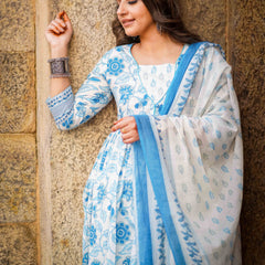 Blue Pure Cotton Floral Round Neck Flared Kurta, Pant & Dupatta Set For Women Mizaz Jaipur