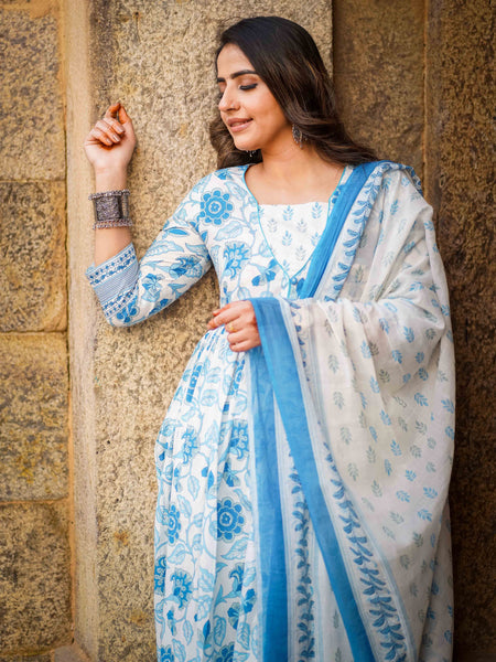 Blue Pure Cotton Floral Round Neck Flared Kurta, Pant & Dupatta Set For Women Mizaz Jaipur