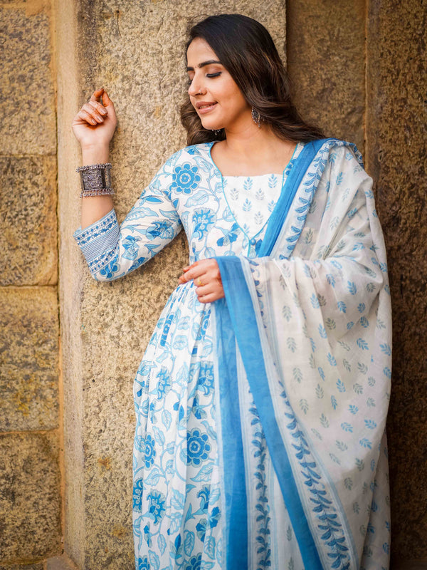 Blue Pure Cotton Floral Round Neck Flared Kurta, Pant & Dupatta Set For Women Mizaz Jaipur