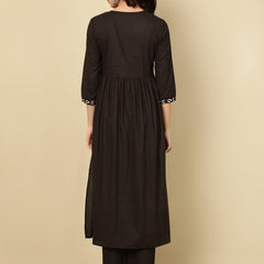 Black Pure Cotton Embroidered Round Neck Nyra Cut Kurta Pant Set For Women Mizaz Jaipur