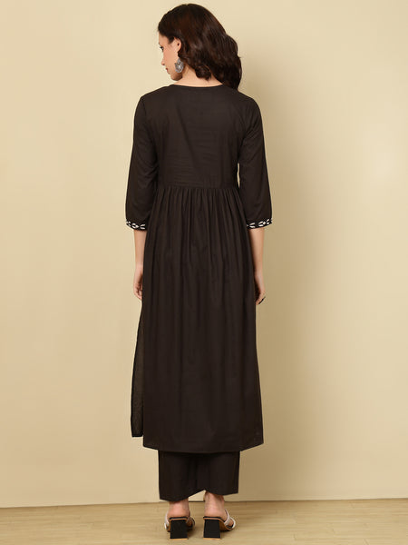 Black Pure Cotton Embroidered Round Neck Nyra Cut Kurta Pant Set For Women Mizaz Jaipur