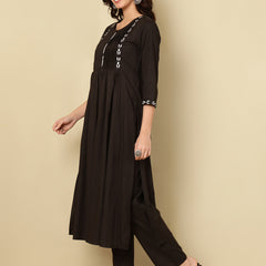 Black Pure Cotton Embroidered Round Neck Nyra Cut Kurta Pant Set For Women Mizaz Jaipur