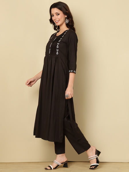 Black Pure Cotton Embroidered Round Neck Nyra Cut Kurta Pant Set For Women Mizaz Jaipur