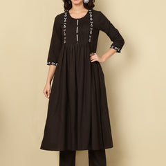 Black Pure Cotton Embroidered Round Neck Nyra Cut Kurta Pant Set For Women Mizaz Jaipur
