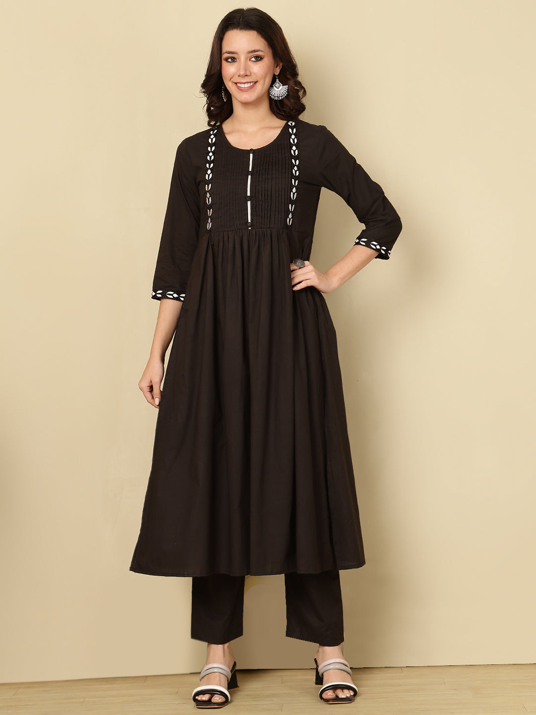 Black Pure Cotton Embroidered Round Neck Nyra Cut Kurta Pant Set For Women Mizaz Jaipur