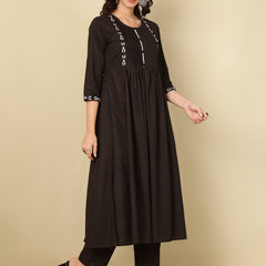 Black Pure Cotton Embroidered Round Neck Nyra Cut Kurta Pant Set For Women Mizaz Jaipur