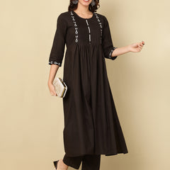 Black Pure Cotton Embroidered Round Neck Nyra Cut Kurta Pant Set For Women Mizaz Jaipur