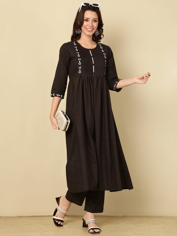 Black Pure Cotton Embroidered Round Neck Nyra Cut Kurta Pant Set For Women Mizaz Jaipur