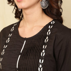 Black Pure Cotton Embroidered Round Neck Nyra Cut Kurta Pant Set For Women Mizaz Jaipur