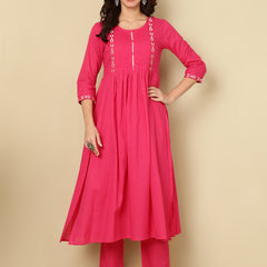 Pink Pure Cotton Embroidered Round Neck Nyra Cut Kurta Pant Set For Women Mizaz Jaipur
