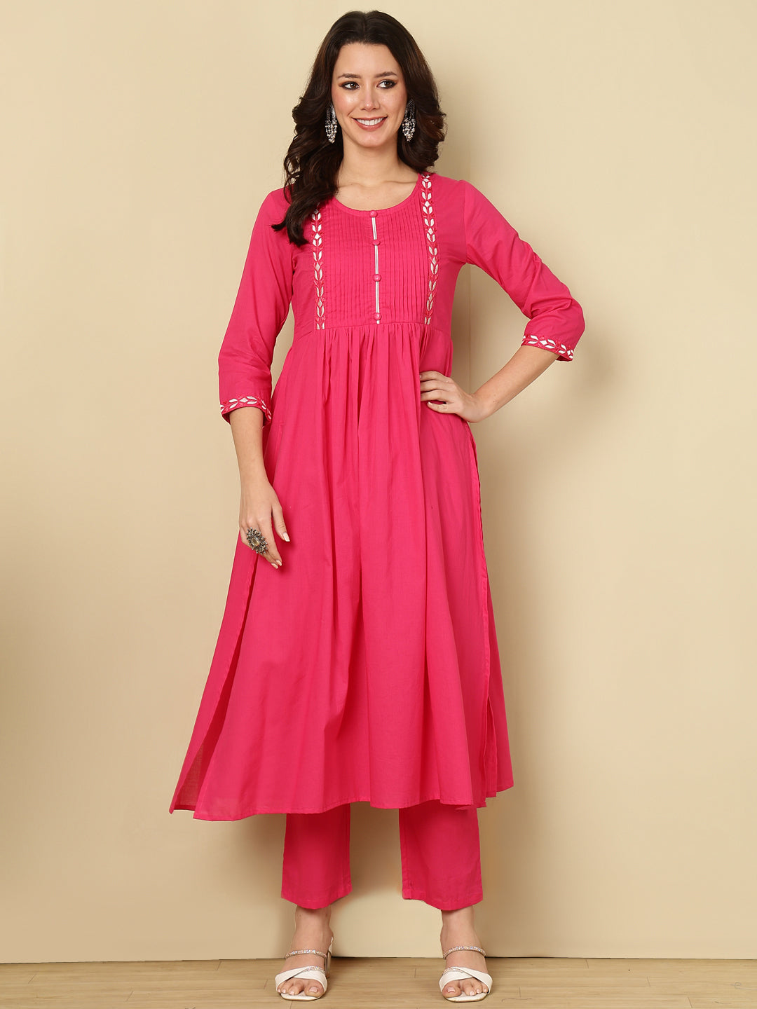 Pink Pure Cotton Embroidered Round Neck Nyra Cut Kurta Pant Set For Women Mizaz Jaipur