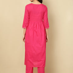 Pink Pure Cotton Embroidered Round Neck Nyra Cut Kurta Pant Set For Women Mizaz Jaipur