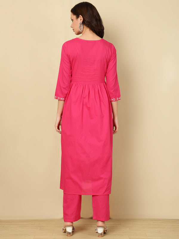 Pink Pure Cotton Embroidered Round Neck Nyra Cut Kurta Pant Set For Women Mizaz Jaipur