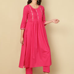 Pink Pure Cotton Embroidered Round Neck Nyra Cut Kurta Pant Set For Women Mizaz Jaipur