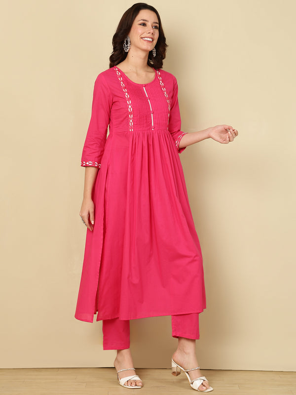 Pink Pure Cotton Embroidered Round Neck Nyra Cut Kurta Pant Set For Women Mizaz Jaipur