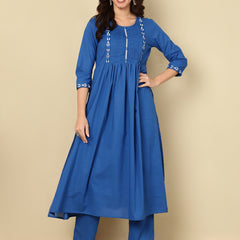Royal Blue Pure Cotton Embroidered Round Neck Nyra Cut Kurta Pant Set For Women Mizaz Jaipur