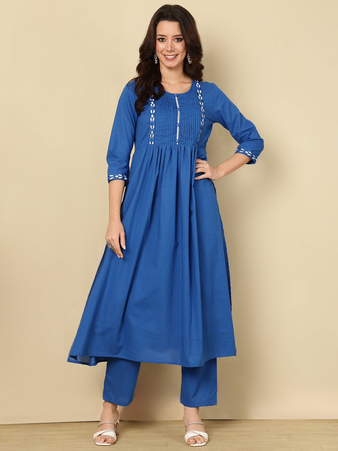 Royal Blue Pure Cotton Embroidered Round Neck Nyra Cut Kurta Pant Set For Women Mizaz Jaipur