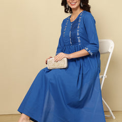 Royal Blue Pure Cotton Embroidered Round Neck Nyra Cut Kurta Pant Set For Women Mizaz Jaipur