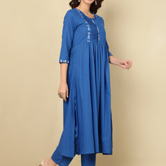 Royal Blue Pure Cotton Embroidered Round Neck Nyra Cut Kurta Pant Set For Women Mizaz Jaipur