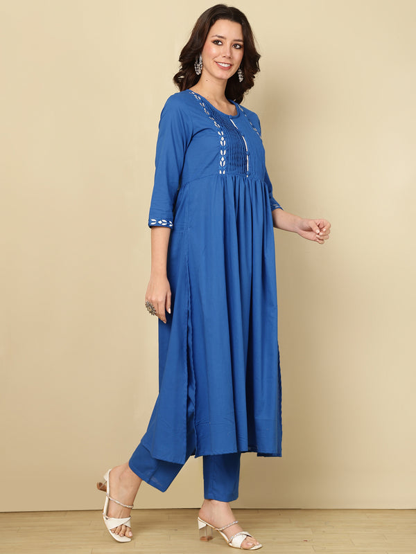 Royal Blue Pure Cotton Embroidered Round Neck Nyra Cut Kurta Pant Set For Women Mizaz Jaipur