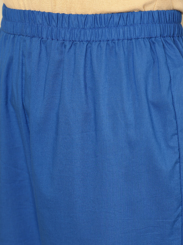 Royal Blue Pure Cotton Embroidered Round Neck Nyra Cut Kurta Pant Set For Women Mizaz Jaipur
